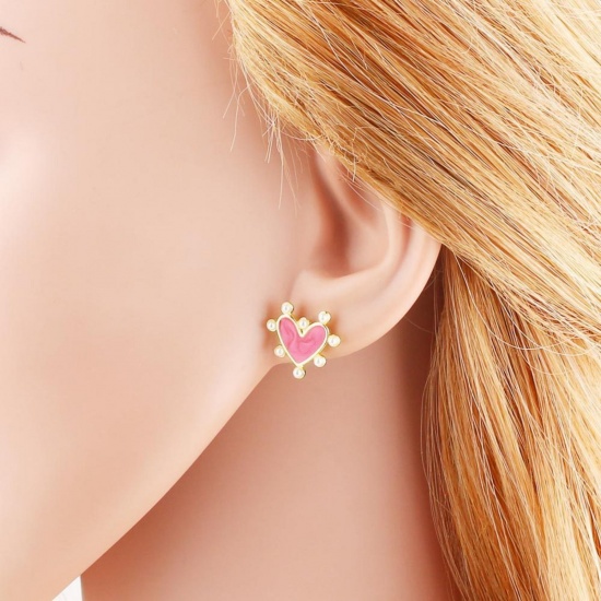 Picture of Wholesale Valentine's Day Stylish Ear Post Stud Earrings, Heart Acrylic Imitation Pearl 18K Gold Plated Brass, Gift Jewelry Supply, 16mm x 14mm