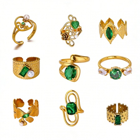 Picture of Wholesale Women's Gift Green Rhinestone Open Adjustable Rings, 18K Gold Plated 304 Stainless Steel, Eco-friendly PVD Exquisite Stylish Jewelry Supply