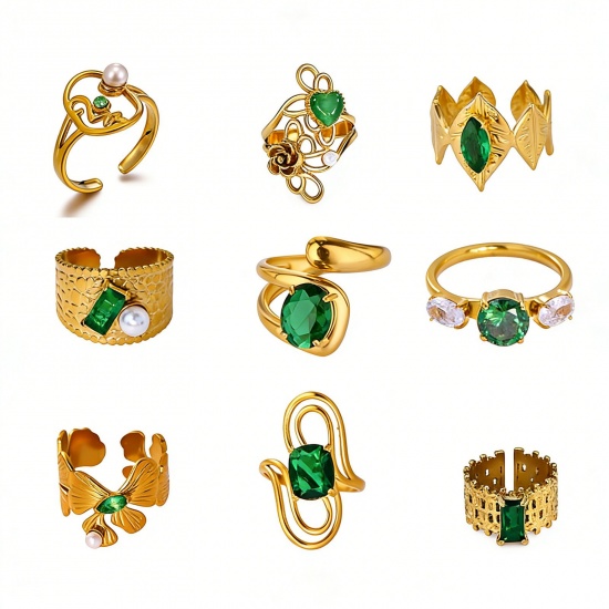 Picture of Wholesale Women's Gift Green Rhinestone Open Adjustable Rings, 18K Gold Plated 304 Stainless Steel, Eco-friendly PVD Exquisite Stylish Jewelry Supply