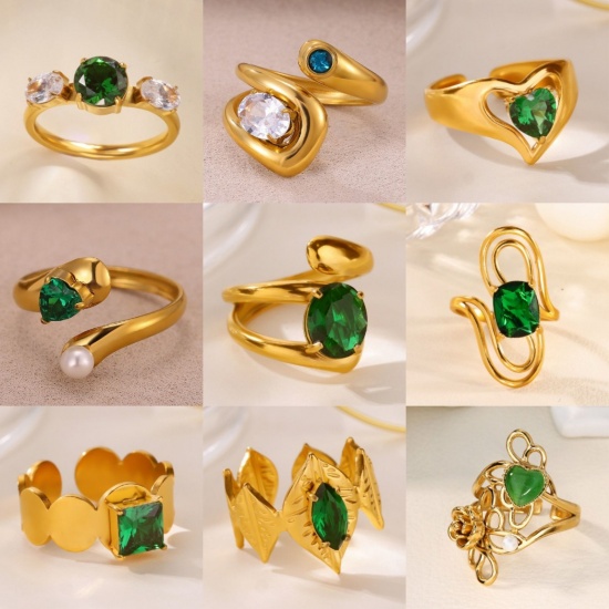 Picture of Wholesale Women's Gift Green Rhinestone Open Adjustable Rings, 18K Gold Plated 304 Stainless Steel, Eco-friendly PVD Exquisite Stylish Jewelry Supply