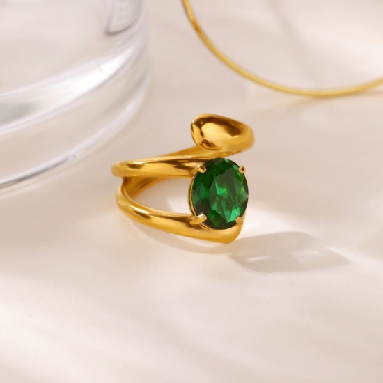 Picture of Wholesale Women's Gift Green Rhinestone Open Adjustable Rings, 18K Gold Plated 304 Stainless Steel, Eco-friendly PVD Exquisite Stylish Jewelry Supply