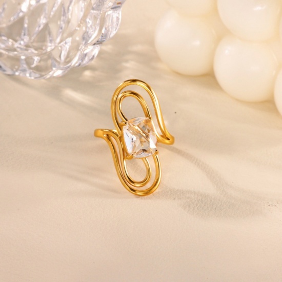 Picture of Wholesale Women's Gift Green Rhinestone Open Adjustable Rings, 18K Gold Plated 304 Stainless Steel, Eco-friendly PVD Exquisite Stylish Jewelry Supply