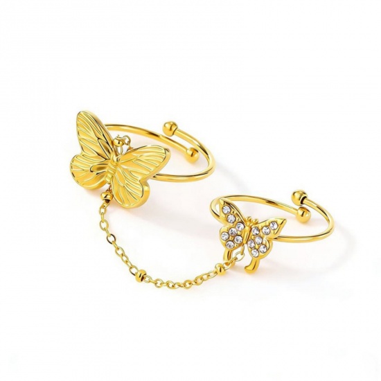 Picture of Wholesale Women's Gift Butterfly Animal Open Adjustable Two Finger Chain Ring, 18K Gold Plated 304 Stainless Steel, Eco-friendly PVD Ins Style Stylish Jewelry Supply
