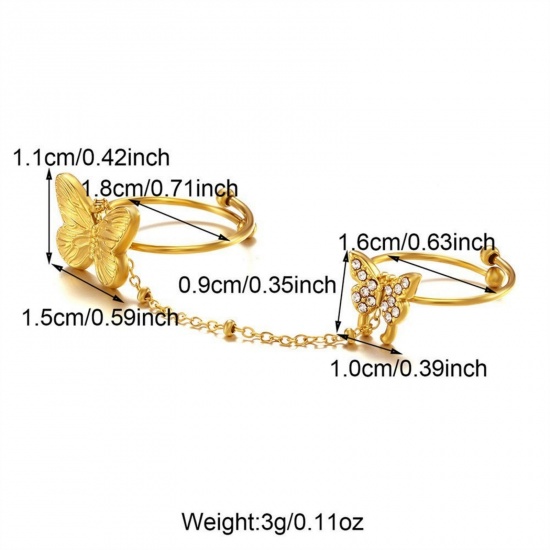 Picture of Wholesale Women's Gift Butterfly Animal Open Adjustable Two Finger Chain Ring, 18K Gold Plated 304 Stainless Steel, Eco-friendly PVD Ins Style Stylish Jewelry Supply