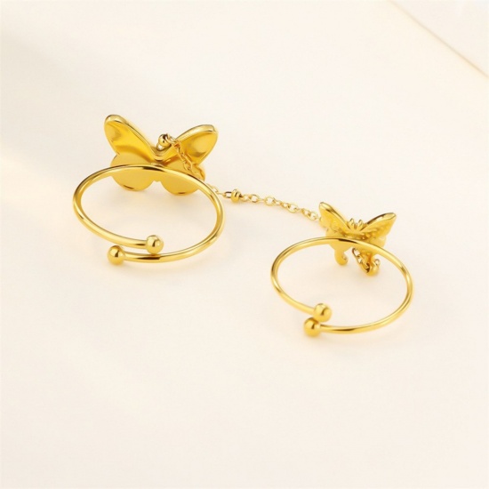 Picture of Wholesale Women's Gift Butterfly Animal Open Adjustable Two Finger Chain Ring, 18K Gold Plated 304 Stainless Steel, Eco-friendly PVD Ins Style Stylish Jewelry Supply
