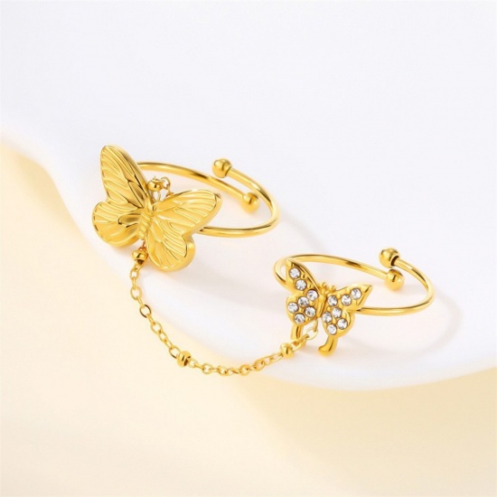 Picture of Wholesale Women's Gift Butterfly Animal Open Adjustable Two Finger Chain Ring, 18K Gold Plated 304 Stainless Steel, Eco-friendly PVD Ins Style Stylish Jewelry Supply