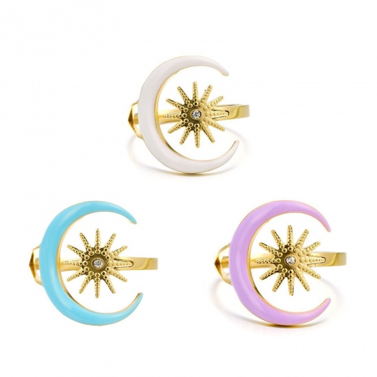 Picture of Wholesale Women's Gift Half Moon Enamel Open Adjustable Rings, 18K Gold Plated 304 Stainless Steel, Eco-friendly PVD Galaxy Stylish Jewelry Supply