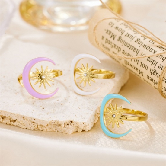 Picture of Wholesale Women's Gift Half Moon Enamel Open Adjustable Rings, 18K Gold Plated 304 Stainless Steel, Eco-friendly PVD Galaxy Stylish Jewelry Supply