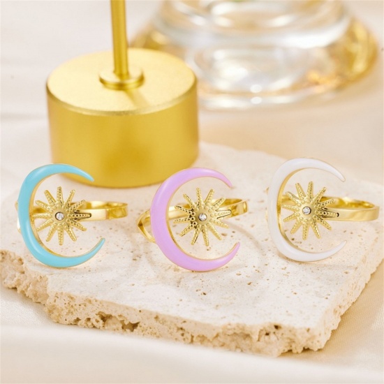 Picture of Wholesale Women's Gift Half Moon Enamel Open Adjustable Rings, 18K Gold Plated 304 Stainless Steel, Eco-friendly PVD Galaxy Stylish Jewelry Supply