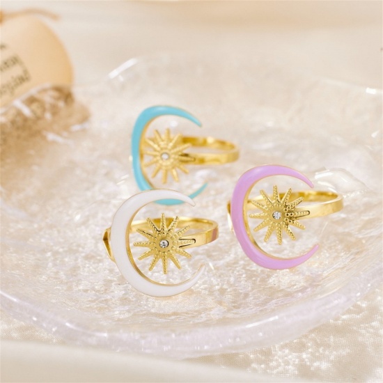 Picture of Wholesale Women's Gift Half Moon Enamel Open Adjustable Rings, 18K Gold Plated 304 Stainless Steel, Eco-friendly PVD Galaxy Stylish Jewelry Supply