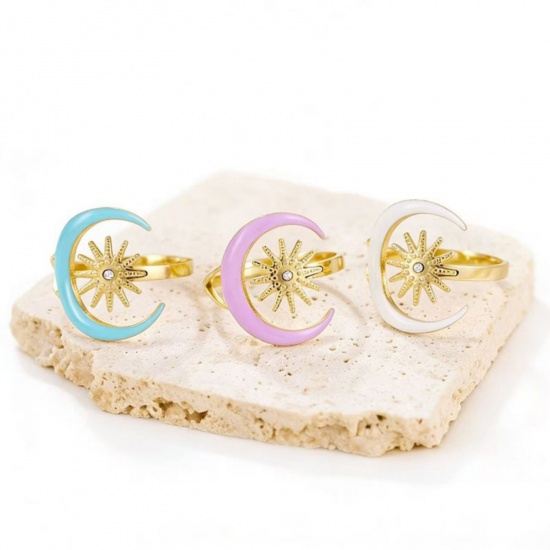 Picture of Wholesale Women's Gift Half Moon Enamel Open Adjustable Rings, 18K Gold Plated 304 Stainless Steel, Eco-friendly PVD Galaxy Stylish Jewelry Supply