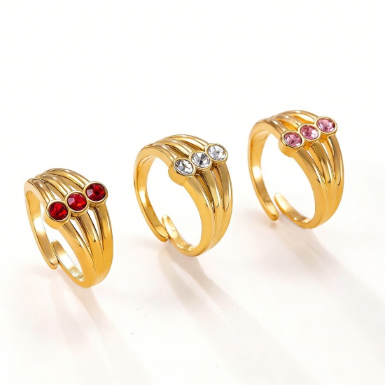 Picture of Wholesale Women's Gift Multicolor Rhinestone Open Adjustable Rings, 18K Gold Plated 304 Stainless Steel, Eco-friendly Vacuum Plating Exquisite Stylish Jewelry Supply