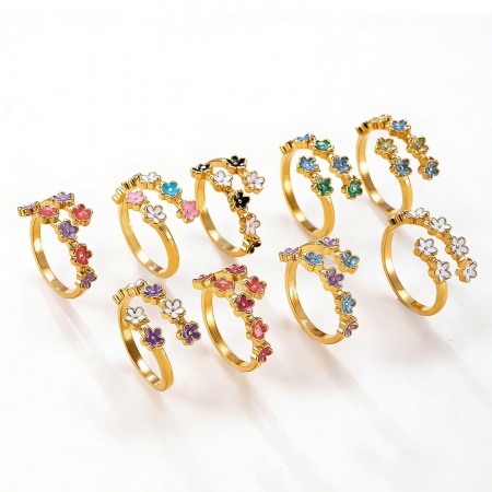 Immagine di Donne Regalo Fiore Smalto Aperto Regolabile Avvolgere gli Anelli All'Ingrosso, Placcato Oro 18K 304 Acciaio Inossidabile, Placcatura Sottovuoto Ecologica Stile Pastorale Squisito Fornitura di Gioielli, 1 Pz