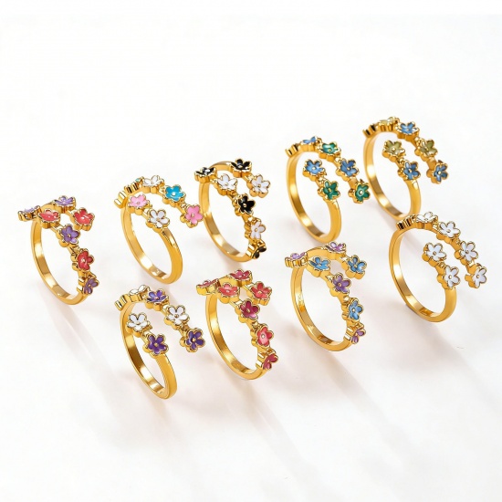 Picture of Wholesale Women's Gift Flower Enamel Open Adjustable Wrap Rings, 18K Gold Plated 304 Stainless Steel, Eco-friendly Vacuum Plating Pastoral Style Exquisite Jewelry Supply