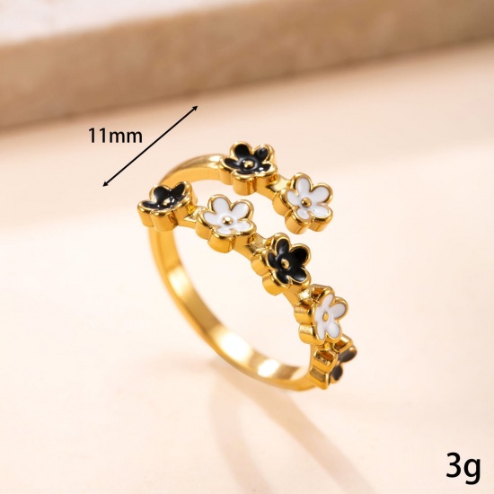 Picture of Wholesale Women's Gift Flower Enamel Open Adjustable Wrap Rings, 18K Gold Plated 304 Stainless Steel, Eco-friendly Vacuum Plating Pastoral Style Exquisite Jewelry Supply