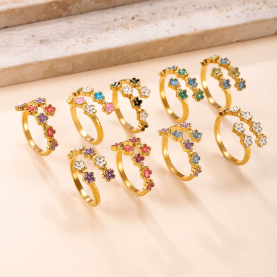 Picture of Wholesale Women's Gift Flower Enamel Open Adjustable Wrap Rings, 18K Gold Plated 304 Stainless Steel, Eco-friendly Vacuum Plating Pastoral Style Exquisite Jewelry Supply