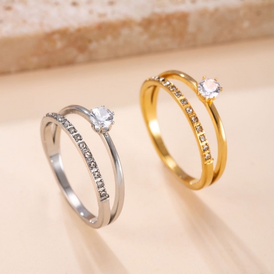 Picture of Wholesale Clear Rhinestone Unadjustable Rings, 304 Stainless Steel, Eco-friendly