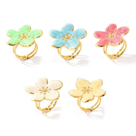 Picture of Wholesale Women's Gift Flower Enamel Open Adjustable Rings, 18K Gold Plated 304 Stainless Steel, Eco-friendly Exquisite Stylish Jewelry Supply