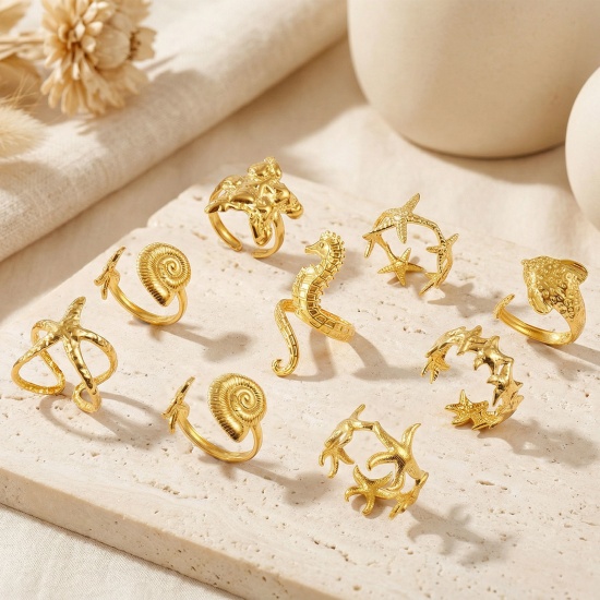 Bild von Großhandel Frauen Geschenk Offen Verstellbar Ring, 18K Vergoldet 304 Edelstahl, Umweltfreundliche PVD Ozean Schmuck Stilvoll Schmuckbedarf