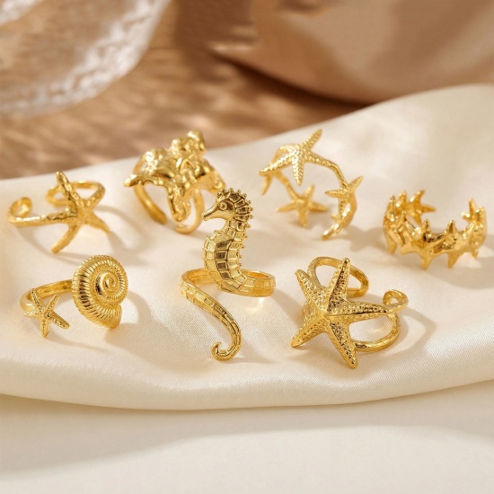 Bild von Großhandel Frauen Geschenk Offen Verstellbar Ring, 18K Vergoldet 304 Edelstahl, Umweltfreundliche PVD Ozean Schmuck Stilvoll Schmuckbedarf
