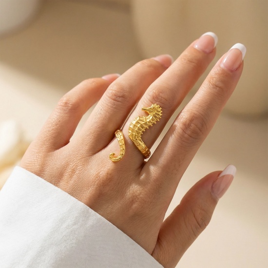 Bild von Großhandel Frauen Geschenk Offen Verstellbar Ring, 18K Vergoldet 304 Edelstahl, Umweltfreundliche PVD Ozean Schmuck Stilvoll Schmuckbedarf