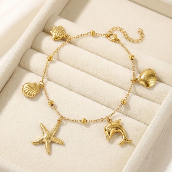 Picture of Wholesale 304 Stainless Steel Station Anklet, 18K Real Gold Plated Eco-friendly PVD, Women's Ocean Jewelry Stylish Gift Jewelry Supply, 21cm(8.3") + 5cm(2") long