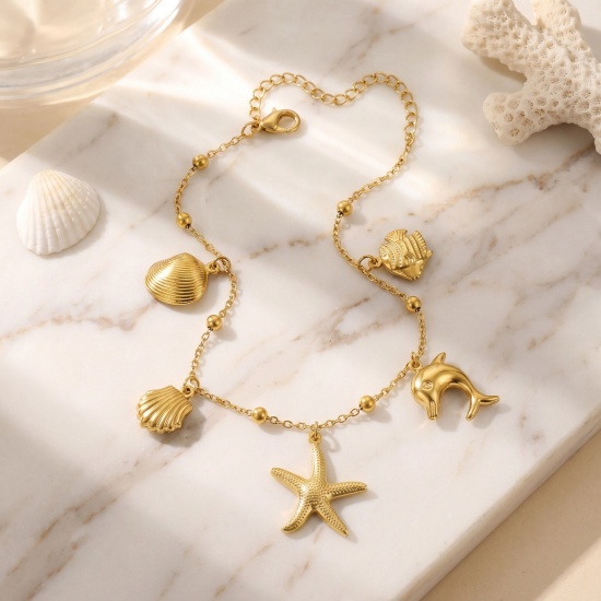 Picture of Wholesale 304 Stainless Steel Station Anklet, 18K Real Gold Plated Eco-friendly PVD, Women's Ocean Jewelry Stylish Gift Jewelry Supply, 21cm(8.3") + 5cm(2") long