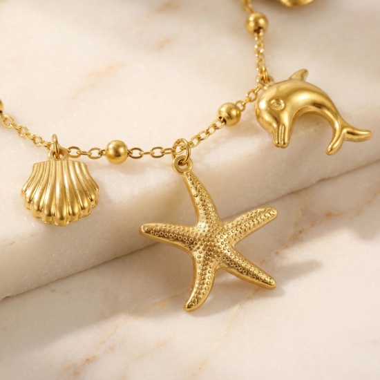 Picture of Wholesale 304 Stainless Steel Station Anklet, 18K Real Gold Plated Eco-friendly PVD, Women's Ocean Jewelry Stylish Gift Jewelry Supply, 21cm(8.3") + 5cm(2") long