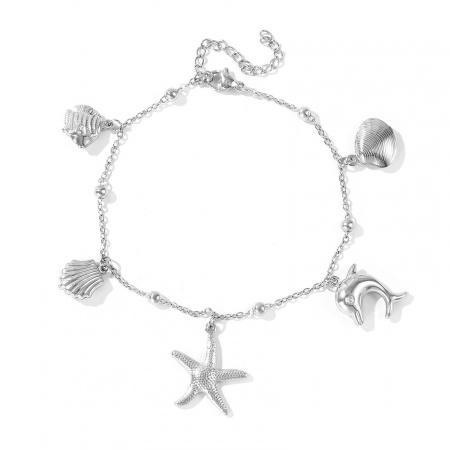 Immagine di 304 Acciaio Inossidabile Cavigliera della Stazione All'Ingrosso, Tono Argento Donne Gioielli Oceanici Elegante Regalo Fornitura di Gioielli, 21cm + 5cm Lunghezza, 1 Pz