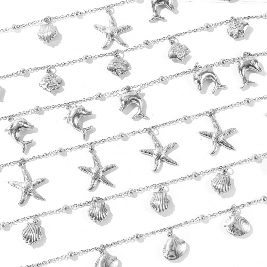 Picture of Wholesale 304 Stainless Steel Station Anklet, Silver Tone Women's Ocean Jewelry Stylish Gift Jewelry Supply, 21cm(8.3") + 5cm(2") long