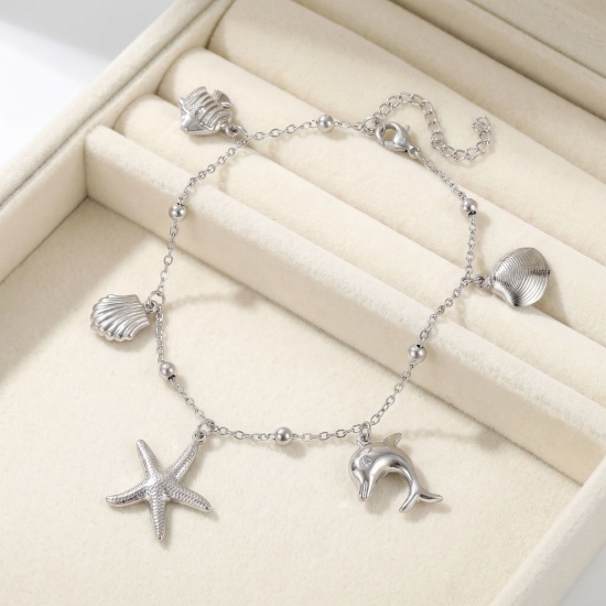 Picture of Wholesale 304 Stainless Steel Station Anklet, Silver Tone Women's Ocean Jewelry Stylish Gift Jewelry Supply, 21cm(8.3") + 5cm(2") long
