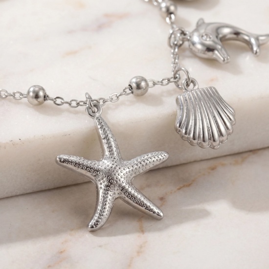 Picture of Wholesale 304 Stainless Steel Station Anklet, Silver Tone Women's Ocean Jewelry Stylish Gift Jewelry Supply, 21cm(8.3") + 5cm(2") long