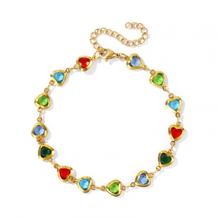 Immagine di Cuore Multicolore Strass 304 Acciaio Inossidabile & Vetro Catena a Maglia Fatta a Mano Cavigliere All'Ingrosso, Placcato Oro 18K Donne Elegante Semplice & Casual Regalo Fornitura di Gioielli, 21cm + 5cm Lunghezza, 1 Pz