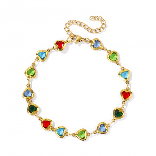 Picture of Wholesale Heart Multicolor Rhinestone 304 Stainless Steel & Glass Handmade Link Chain Anklet, 18K Gold Plated Women's Stylish Simple & Casual Gift Jewelry Supply, 21cm(8.3") + 5cm(2") long
