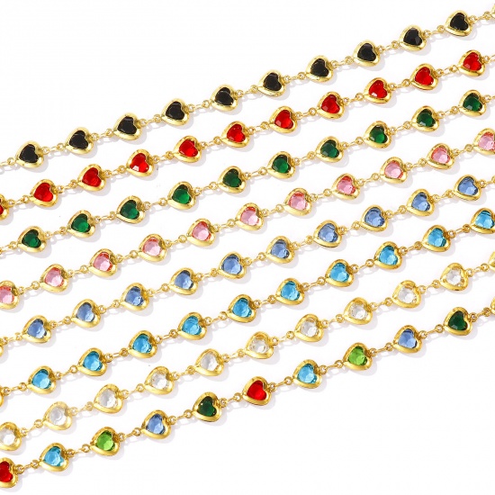 Picture of Wholesale Heart Multicolor Rhinestone 304 Stainless Steel & Glass Handmade Link Chain Anklet, 18K Gold Plated Women's Stylish Simple & Casual Gift Jewelry Supply, 21cm(8.3") + 5cm(2") long