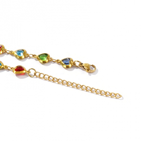 Picture of Wholesale Heart Multicolor Rhinestone 304 Stainless Steel & Glass Handmade Link Chain Anklet, 18K Gold Plated Women's Stylish Simple & Casual Gift Jewelry Supply, 21cm(8.3") + 5cm(2") long
