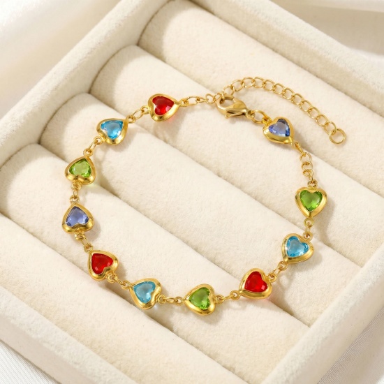 Picture of Wholesale Heart Multicolor Rhinestone 304 Stainless Steel & Glass Handmade Link Chain Anklet, 18K Gold Plated Women's Stylish Simple & Casual Gift Jewelry Supply, 21cm(8.3") + 5cm(2") long
