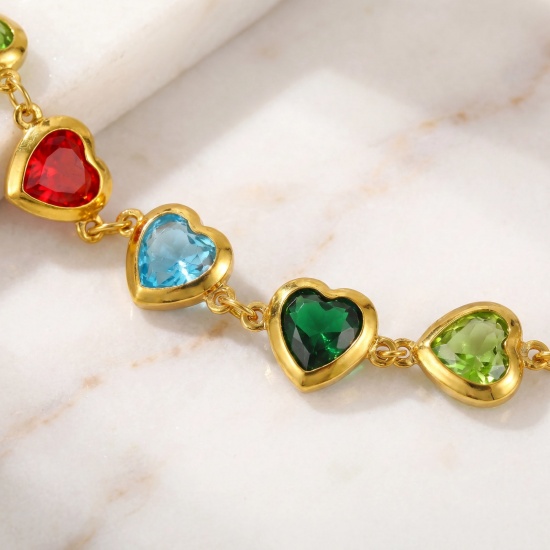 Picture of Wholesale Heart Multicolor Rhinestone 304 Stainless Steel & Glass Handmade Link Chain Anklet, 18K Gold Plated Women's Stylish Simple & Casual Gift Jewelry Supply, 21cm(8.3") + 5cm(2") long