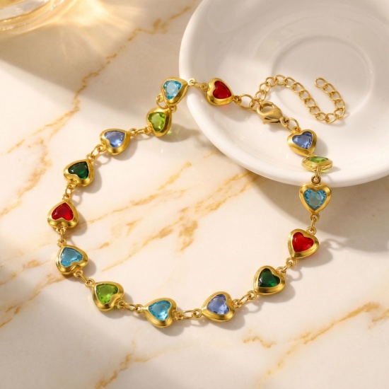 Picture of Wholesale Heart Multicolor Rhinestone 304 Stainless Steel & Glass Handmade Link Chain Anklet, 18K Gold Plated Women's Stylish Simple & Casual Gift Jewelry Supply, 21cm(8.3") + 5cm(2") long