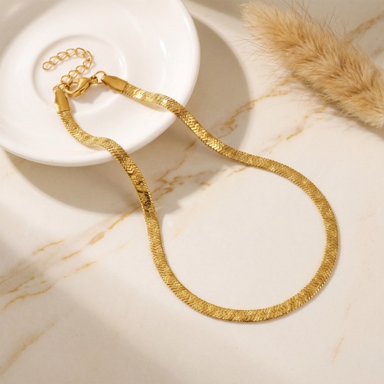 Picture of Wholesale 304 Stainless Steel Flat Snake Chain Anklet, 18K Real Gold Plated Eco-friendly PVD Waterproof Anti-Tarnish Hypoallergenic, Women's Casual Dainty Gift Jewelry Supply, 22cm(8.7") + 5cm(2") long, Chain Size: 4mm