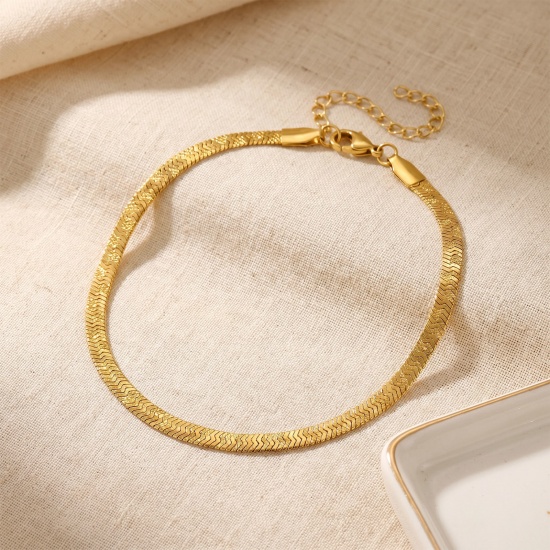 Picture of Wholesale 304 Stainless Steel Flat Snake Chain Anklet, 18K Real Gold Plated Eco-friendly PVD Waterproof Anti-Tarnish Hypoallergenic, Women's Casual Dainty Gift Jewelry Supply, 22cm(8.7") + 5cm(2") long, Chain Size: 4mm