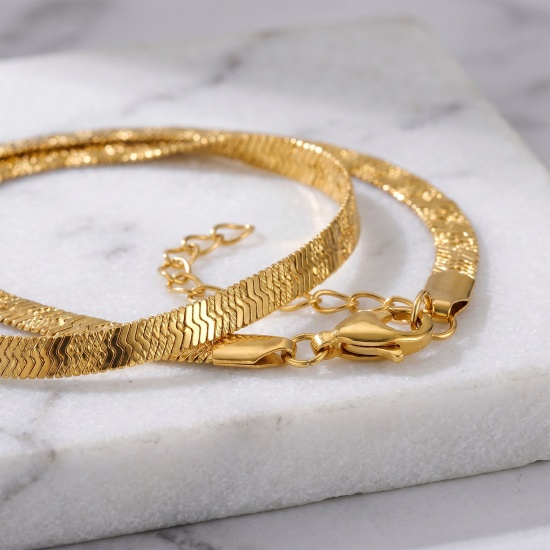 Picture of Wholesale 304 Stainless Steel Flat Snake Chain Anklet, 18K Real Gold Plated Eco-friendly PVD Waterproof Anti-Tarnish Hypoallergenic, Women's Casual Dainty Gift Jewelry Supply, 22cm(8.7") + 5cm(2") long, Chain Size: 4mm