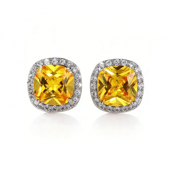 Imagen de Exquisito Elegante Pendientes de Poste de Oreja Al Por Mayor, Multicolor Circón Artificial Platino Chapado Latón, Mujeres Regalo Suministro de Joyería, 11mm x 8mm, 1 Par