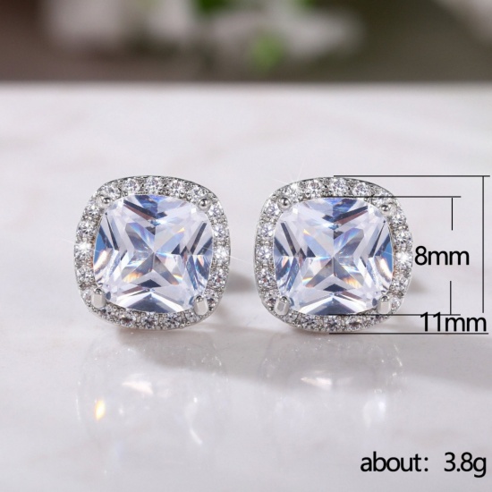 Imagen de Exquisito Elegante Pendientes de Poste de Oreja Al Por Mayor, Multicolor Circón Artificial Platino Chapado Latón, Mujeres Regalo Suministro de Joyería, 11mm x 8mm, 1 Par