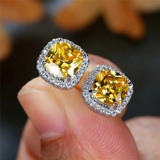 Imagen de Exquisito Elegante Pendientes de Poste de Oreja Al Por Mayor, Multicolor Circón Artificial Platino Chapado Latón, Mujeres Regalo Suministro de Joyería, 11mm x 8mm, 1 Par