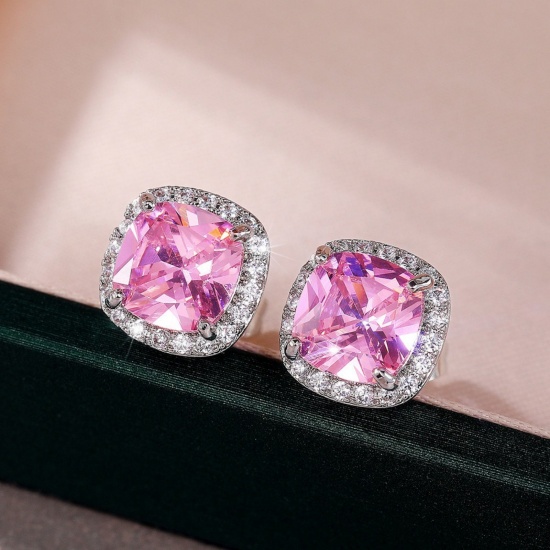 Imagen de Exquisito Elegante Pendientes de Poste de Oreja Al Por Mayor, Multicolor Circón Artificial Platino Chapado Latón, Mujeres Regalo Suministro de Joyería, 11mm x 8mm, 1 Par