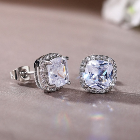 Imagen de Exquisito Elegante Pendientes de Poste de Oreja Al Por Mayor, Multicolor Circón Artificial Platino Chapado Latón, Mujeres Regalo Suministro de Joyería, 11mm x 8mm, 1 Par