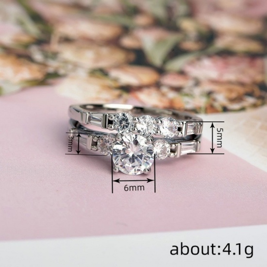 Picture of Wholesale Women's Wedding Clear Cubic Zirconia Unadjustable Rings, Platinum Plated Brass, Exquisite Stylish Jewelry Supply