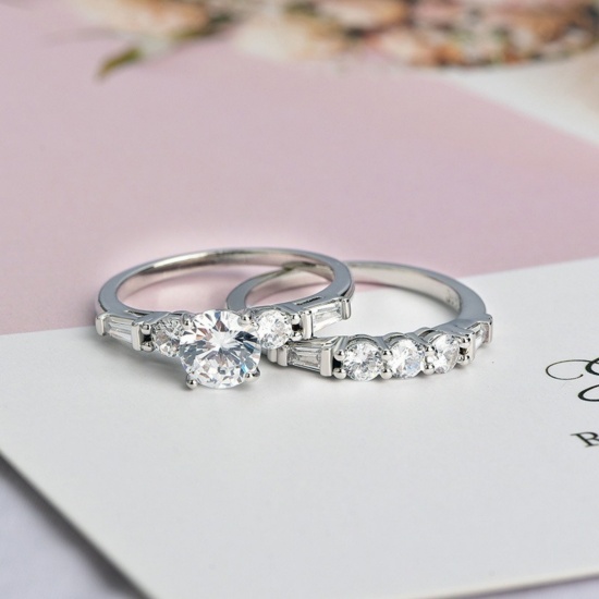 Picture of Wholesale Women's Wedding Clear Cubic Zirconia Unadjustable Rings, Platinum Plated Brass, Exquisite Stylish Jewelry Supply