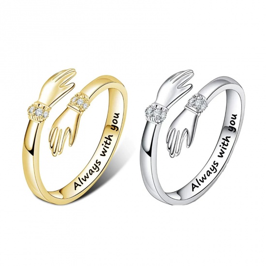 Picture of Wholesale Women's Gift Hand Message " Always With You " Clear Rhinestone Open Adjustable Rings, Brass, Exquisite Stylish Jewelry Supply